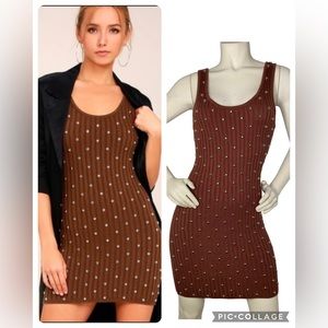 REVOLVE NBD Brown “Willow” Silver Metal Studded Sleeveless Beaded Sweater Dress